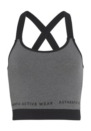 Gray sports bra with black crossback straps and a black band at the bottom featuring "AUTHENTIC ACTIVE WEAR" text. Smooth, stretchy fabric.