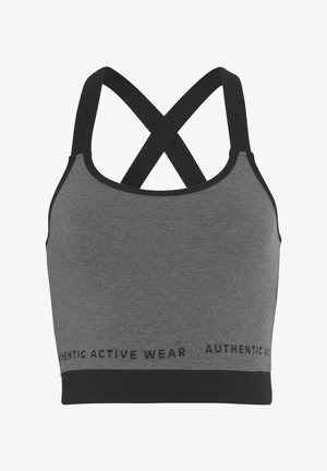 Gray sports bra with black crossback straps and a black band at the bottom featuring "AUTHENTIC ACTIVE WEAR" text. Smooth, stretchy fabric.