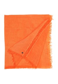Sciarpa arancione in lino con bordi sfilacciati e un piccolo dettaglio a bottone nero. Leggera e di forma quadrata, adatta a diverse opzioni di stile.