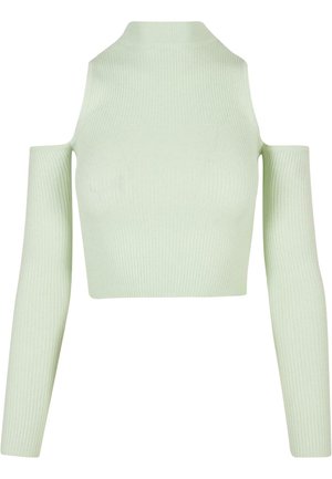 Mintgrønn kort topp, ribbet tekstur, høy hals, lange ermer med kald skulderdetalj, tettsittende design.