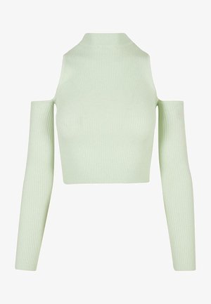 Minta zelena skrajšana majica, rebrasta tekstura, visok ovratnik, dolgi rokavi z detajlom hladnih ramenskih, prilega se telesu.