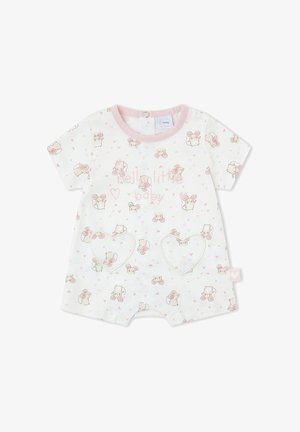Pelele blanco para bebé con ribete rosa, estampado con ratones animados, pequeños corazones, dos bolsillos en forma de corazón y texto "hello little baby" en rosa.