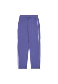 Vijolične športne hlače iz mehkega materiala, z udobnim krojem, elastičnim pasom in kontrastnimi belimi stranskimi črtami.