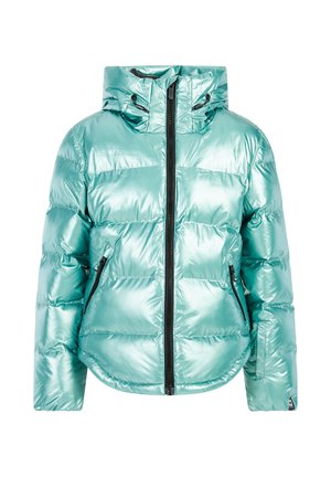 Helle türkisfarbene Pufferjacke mit glänzender, gesteppten Textur, verstellbarem Kapuze und schwarzen Reißverschlussdetails. Verfügt über zwei seitliche Reißverschlusstaschen.