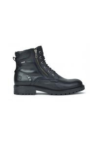 Bottine en cuir noire avec lacets et zip sur le côté. Caractéristiques œillets en métal, finition texturée et semelle en caoutchouc pour une meilleure traction.