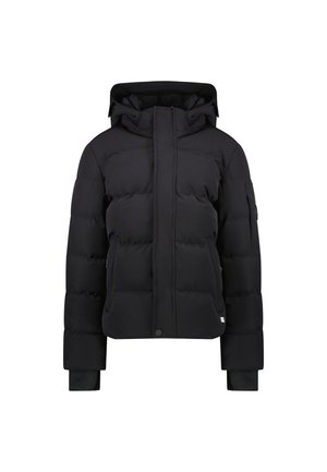 Zwarte pufferjack met capuchon, met horizontaal gequiltte secties, geribbelde manchetten en twee zijzakken, gemaakt van een soepele, matte stof.