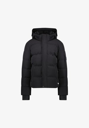 Zwarte pufferjack met capuchon, met horizontaal gequiltte secties, geribbelde manchetten en twee zijzakken, gemaakt van een soepele, matte stof.