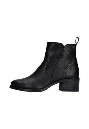 Stivaletto nero in pelle con tacco basso a blocchi, pannello elastico laterale, linguetta posteriore e logo ricamato sull'area del tallone.
