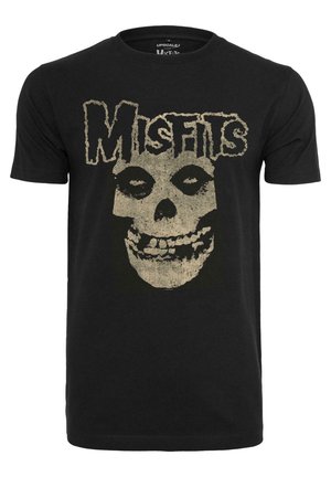 Schwarzes Baumwoll-T-Shirt mit einem großen, abgenutzten goldenen Schädel-Graphic und dem Wort "Misfits" darüber. Mit kurzen Ärmeln und Rundhalsausschnitt.