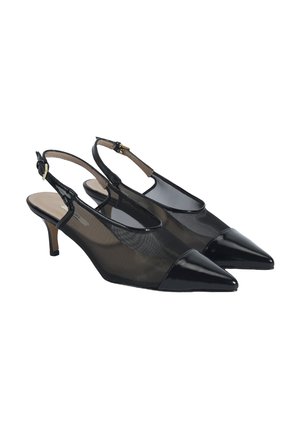 Black slingback heels with a pointed toe, mesh upper, and glossy cap toe. Features a thin heel and adjustable ankle strap.