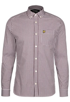 Męska koszula na długi rękaw na guziki w fioletowo-białą kratkę gingham i małym żółtym logo ptaka na kieszeni na piersi.