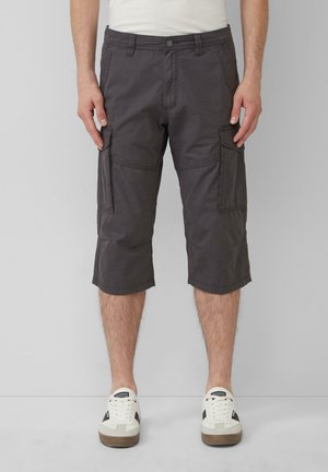 Dark gray cargo shorts made of durable fabric, featuring side pockets and a knee-length cut with a straight leg design.