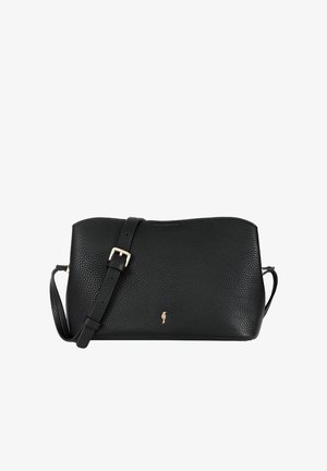 Czarna skórzana torba na ramię z fakturowanym wykończeniem, regulowanym paskiem i złotym logo na przedniej stronie. Gładkie krawędzie i przestronny design.