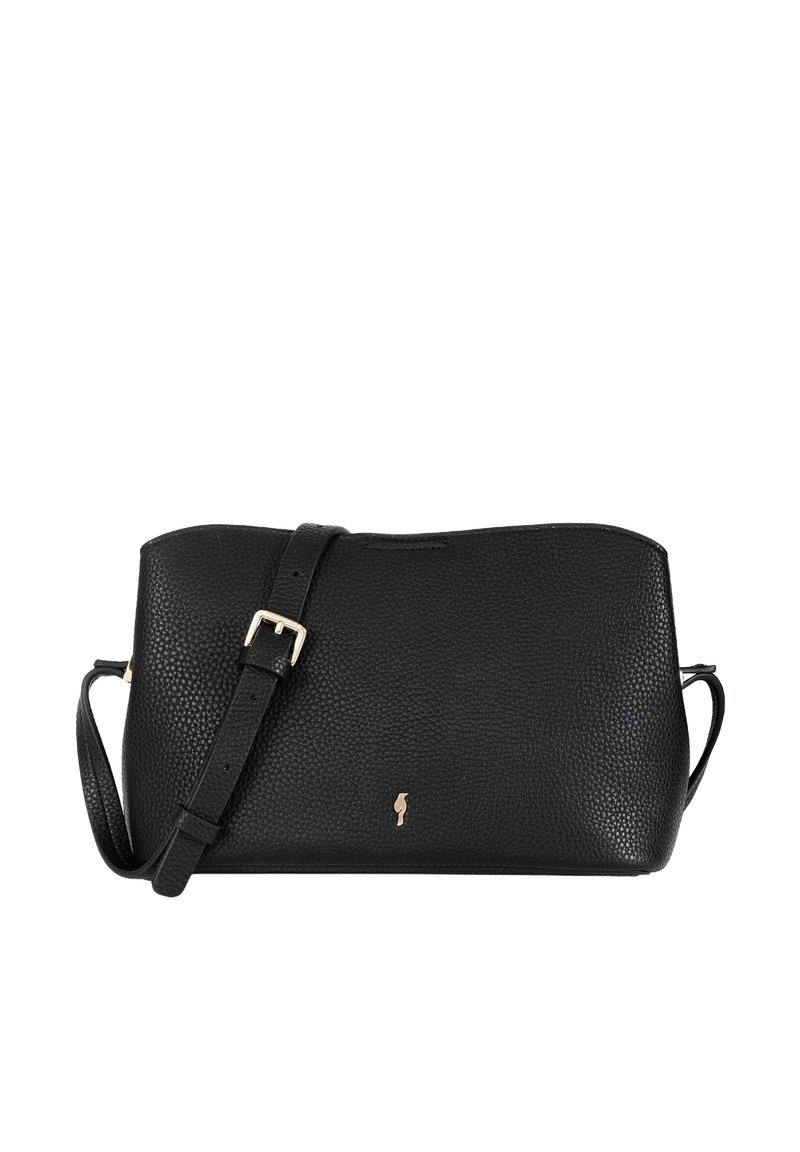 Czarna skórzana torba na ramię z fakturowanym wykończeniem, regulowanym paskiem i złotym logo na przedniej stronie. Gładkie krawędzie i przestronny design.