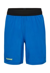 Shorts de sport bleu avec une taille élastique noire, fabriqués à partir d'un matériau léger, avec un logo "hummel" jaune sur le côté gauche.
