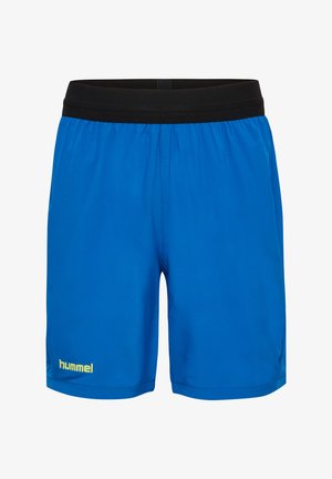 Niebieskie szorty sportowe z czarną elastyczną talią, wykonane z lekkiego materiału, z żółtym logo "hummel" po lewej stronie.