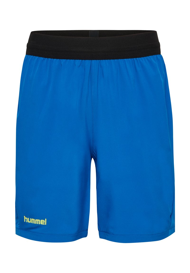Shorts de sport bleu avec une taille élastique noire, fabriqués à partir d'un matériau léger, avec un logo "hummel" jaune sur le côté gauche.