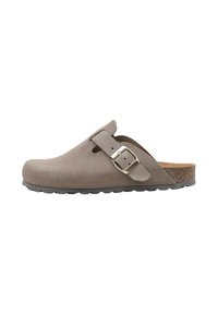 Gray suede clogs with a cork footbed, adjustable strap, and a rubber sole. Features a small buckle detail on the strap.
