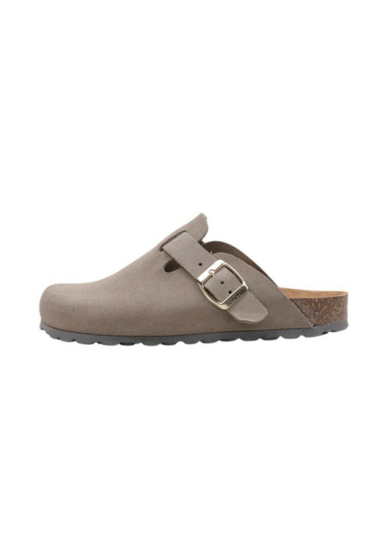 Gray suede clogs with a cork footbed, adjustable strap, and a rubber sole. Features a small buckle detail on the strap.
