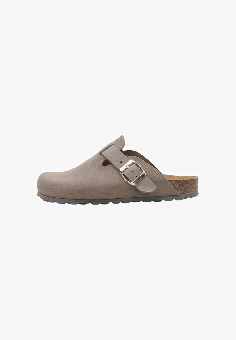 Gray suede clogs with a cork footbed, adjustable strap, and a rubber sole. Features a small buckle detail on the strap.