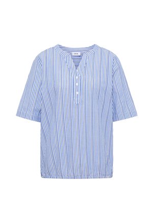 Bluzka w pionowe niebiesko-białe paski z krótkimi rękawami, okrągłym dekoltem i trzema białymi guzikami na froncie.