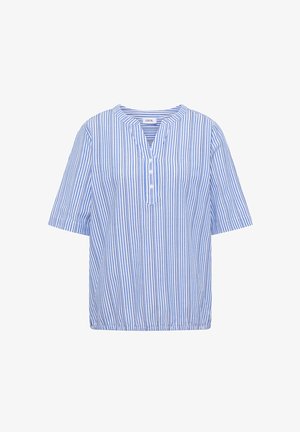 Sinivalkoraidallinen lyhythihainen pusero, pyöreä kaulus ja edessä kolme valkoista nappia.