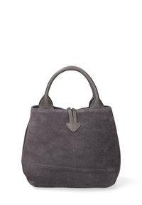 Borsa in suede grigia con manici arrotondati, accento triangolare alla chiusura e forma strutturata. Texture liscia con dettagli di cucito minimi.