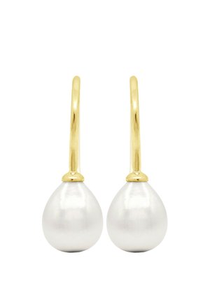 Boucles d'oreilles en or avec chacune une grande perle blanche en forme de goutte pendante en dessous.