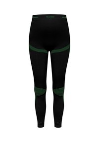 Black athletic leggings with green accents. Features include a patterned waistband, mesh detailing on the thighs, and ribbed sections near the knees.