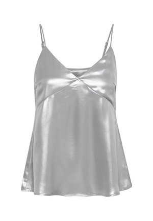 Camiseta de satén plateado con escote en V y tirantes delgados ajustables. Presenta una silueta en A fluida y una textura suave y brillante.