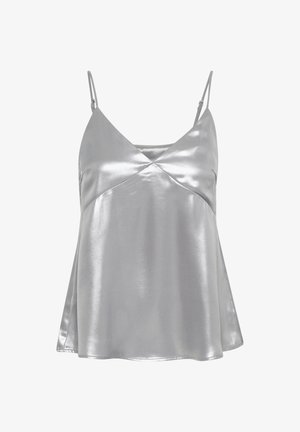Silver satin camisole with a V-neck and thin adjustable straps. Features a flowing A-line silhouette and a smooth, glossy texture.