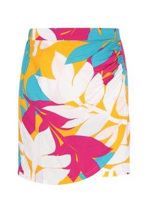 Valgekandiliste roheliste, kollaste ja roosade lilledega murekätk; ühelt poolt voltidega. Puuvillane materjal.