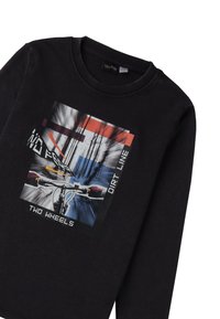 Czarna koszulka z długim rękawem z graficznym nadrukiem przedstawiającym zamazane zdjęcie roweru oraz napisy "BEZ STRACHU", "LINIA BRUDU" i "DWA KOŁA". Materiał bawełniany.