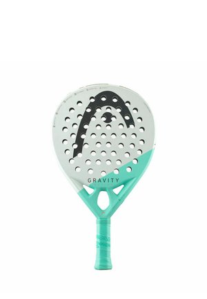 Paddle racket met een ronde kop, witte oppervlakte met zwarte accenten en gaten, en een turquoise grip. Tekst zegt "GRAVITY."