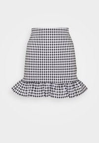 Schwarz-weißer karierter Rock mit einem ausgestellten Rüschensaum. Hergestellt aus einem Stoff mit glatter Textur, verfügt über eine taillierte Taille und einen kurzen Schnitt.