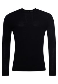 Schwarzer Langarmpullover mit Rundhalsausschnitt, aus einem glatten, leichten Material, mit gerippten Bündchen und Saum.