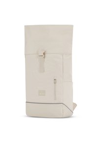 Világos bézs roll-top hátizsák, tetején csatolt zárómechanizmussal, elülső cipzáras zsebbel és szürke díszítéssel az alján. Tartós szövetből készült.