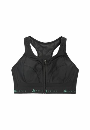 Schwarzer Sport-BH mit Reißverschluss vorne, breiten Trägern und Netz-Einsätzen. Er verfügt über ein strukturiertes Band mit der grünen Aufschrift "ACTIVE".
