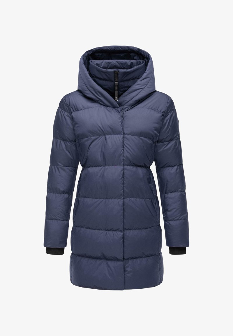 Geacă puffer albastră cu glugă, având secțiuni țesute, închidere cu fermoar și manșete ribbate. Fabricată dintr-un material ușor, rezistent la apă.