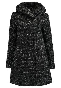 Cappotto a lunghezza ginocchio a righe nere e bianche con un grande cappuccio pieghevole, maniche lunghe e taglio dritto, dotato di chiusura a bottoni.