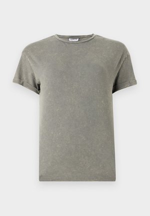 Faded green t-shirt, short sleeves, round neckline, soft cotton material, slightly distressed texture, casual fit.