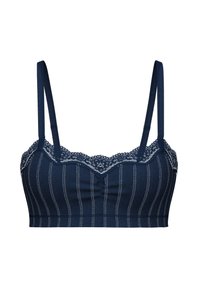 Navyblauw bralette van zacht materiaal met kantafwerking en verticale witte strepen. Voorzien van verstelbare straps en een geribbelde textuur.