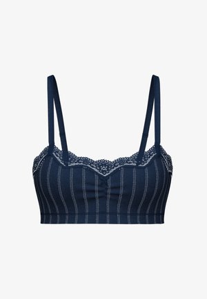 Navy blue bralette made of soft fabric with lace trim and vertical white stripes. Features adjustable straps and a ribbed texture.