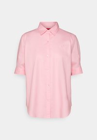 Kortärmad rosa skjorta med knappar i en bomullsblandning, med spetsig krage och en liten logotyp på vänster bröst.