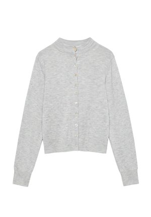 Cardigan grigio chiaro a maniche lunghe con bottoni, collo alto e polsini e orlo a coste, mostrato disteso su sfondo bianco.