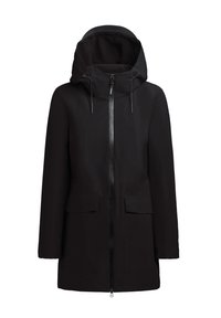 Sort vandtæt parka med høj krave, justerbar hætte, lynlås foran og to store klaplommer. Struktureret stof med en glat finish.