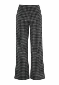 Hoge taille wijde broek in zwart en grijs ruitpatroon met subtiele blauwe lijnen en een soepele tailleband.