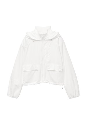 Witte cropped jack met een capuchon, ritssluiting aan de voorkant, twee drukknoopzakken en elastische manchetten. Gemaakt van lichtgewicht, gestructureerde stof.