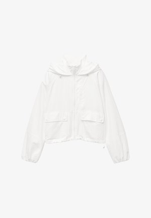 White cropped jacket with a hood, zip front, two snap button pockets, and elastic cuffs. Made from lightweight, textured fabric.
