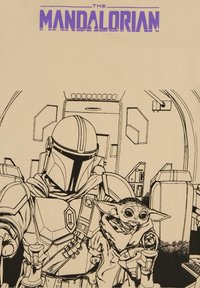 Camiseta beige con una ilustración negra de una figura con casco y una pequeña criatura, ambientada en el interior de una nave espacial con controles.